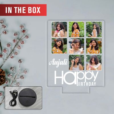 Personalized 3D Acrylic Photo Lamp with LED Base Customized Birthday Gift for Girls & Women, Features 8 Photo Collage with Name, Night Light for Bedroom Decoration Warm White Light